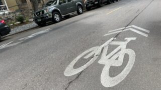 A sharrow on Franklin Street. July 21, 2022.