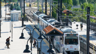 An RTD light rail train pulls out of the Decatur-Federal station, Aug. 12, 2022.