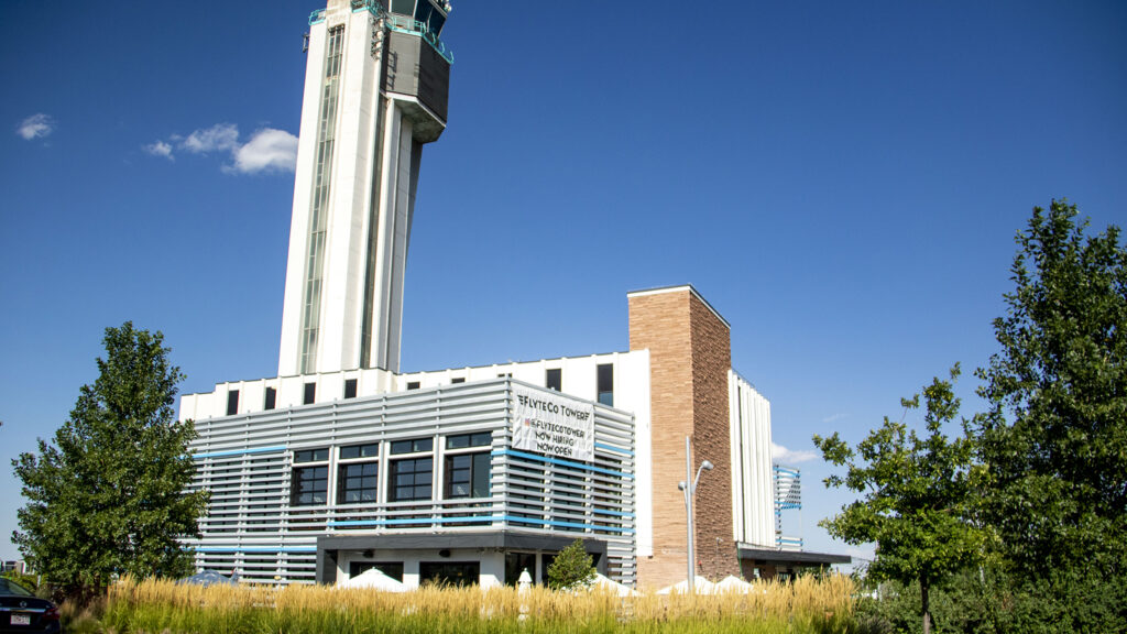 The old Stapleton Airport air traffic control building is now home to FlyteCo Brewing. Aug. 18, 2022.