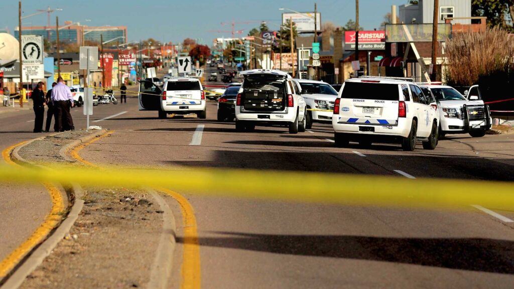 Denver Police vehicles at the scene of a shooting near East Colfax Ave. on Nov. 1, 2022.
