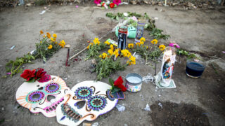 A memorial for six people who were shot, one of whom died, near the intersection of East Colfax Avenue and Verbena Street in Denver. Nov. 2, 2022.