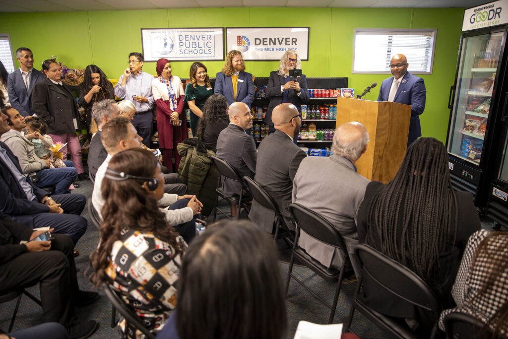 Mayor Michael Hancock speaks at a press conference and ribbon cutting for the new "free grocery store" at Place Bridge Academy in Washington Virginia Vale. Nov. 9, 2022.