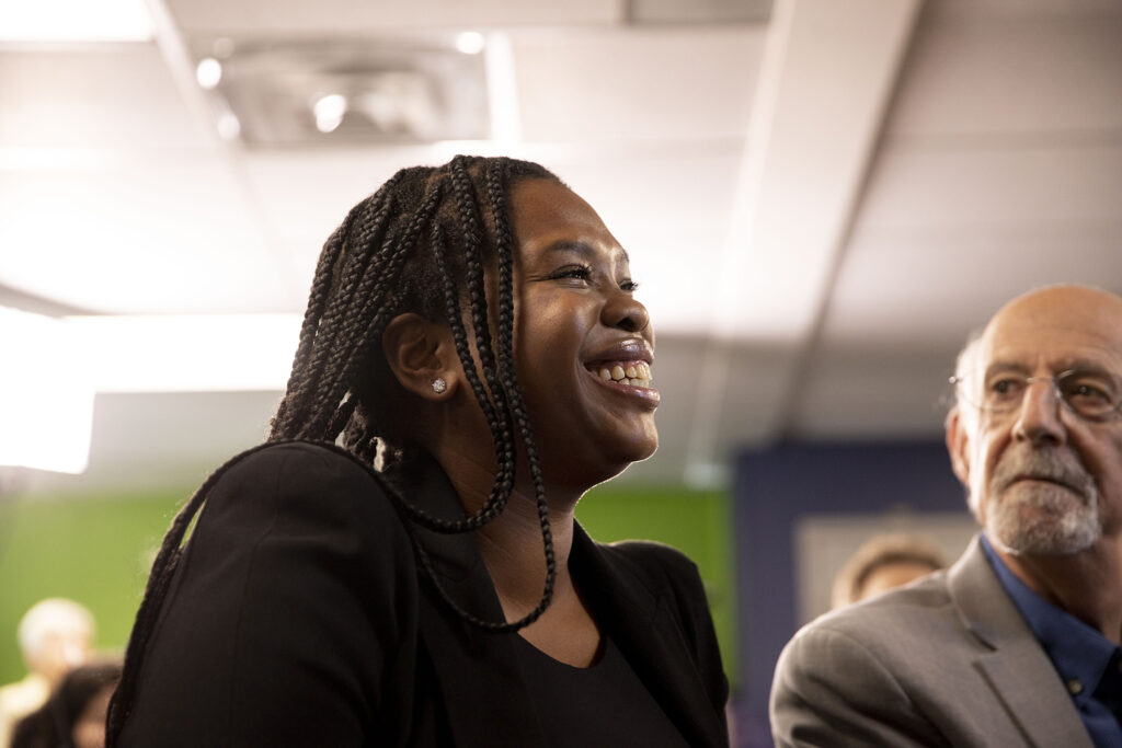 Jasmine Crowe-Houston, founder and CEO of Goodr, attends a press conference and ribbon cutting for the new "free grocery store" she helped create at Place Bridge Academy in Washington Virginia Vale. Nov. 9, 2022.