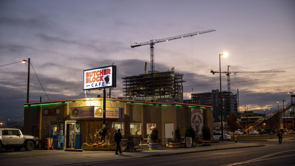 The sun rises over the Butcher Block Cafe's location on 38th Avenue, just off Brighton Boulevard. Nov. 11, 2022.