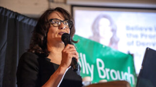 Kelly Brough speaks to supporters at a launch party for her mayoral campaign at the Blue Moon Brewery off Brighton Boulevard. Nov. 16, 2022.