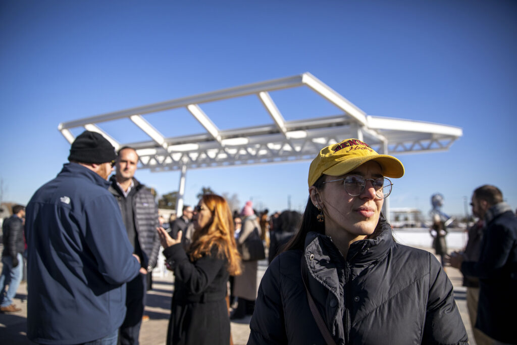 Ana Varela, an Elyria Swansea resident and neighborhood representative in the Globeville, Elyria and Swansea Health Study attends an opening ceremony for the new park "cap" over I-70 in Elyria Swansea. Nov. 30, 2022.