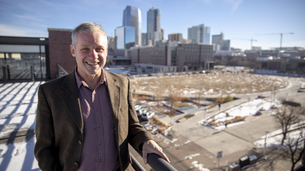 James Walsh on the Auraria Campus, where he teaches. Dec. 1, 2022.