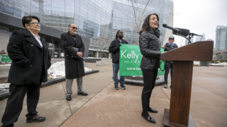 Mayoral candidate Kelly Brough holds a press conference on her public safety plan in front of the Lindsey-Flanigan Courthouse on Colfax Avenue. Jan. 11, 2023.