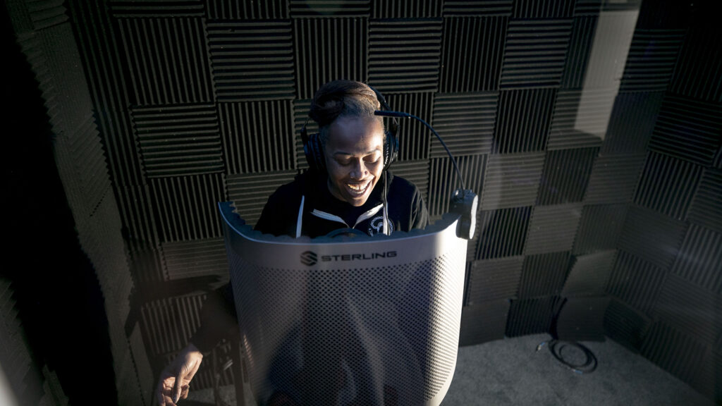 Jazz vocalist and actresss Danette Hollowell lays down a track on the opening number of "In the Pocket: The Ballad of Bobby Trombone” at Get Busy Livin's studio in Montclair. Jan. 18, 2023.