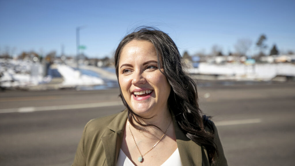 District 2 candidate Tiffany Caudill stands by Loretto Heights on Federal Boulevard. Feb. 17, 2023.