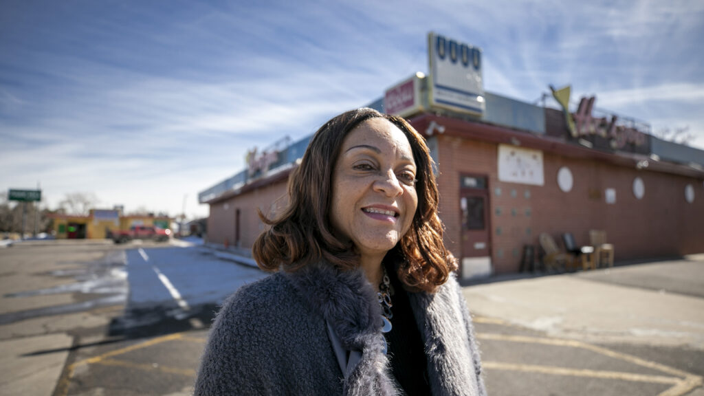 Rita Lewis, a write-in candidate for District 8, stands in Holly Square. Feb. 25, 2023.