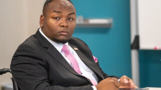 Denver Public Schools board member Auon'tai M. Anderson at an emergency board session on Thursday, March 23, 2023, a day after two staffers at East High School were shot and wounded inside the school by a student who fled, and whose body was later found in Park County.