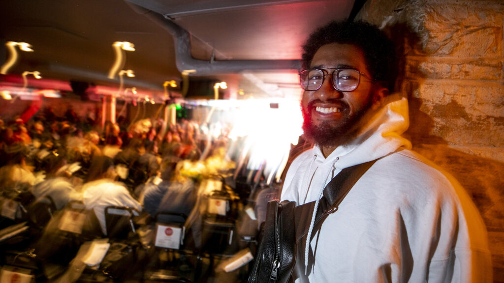 Darius Dinkins stands in Comedy Works' location in Larimer Square during a Funny Final Four roast battle. March 1, 2023.