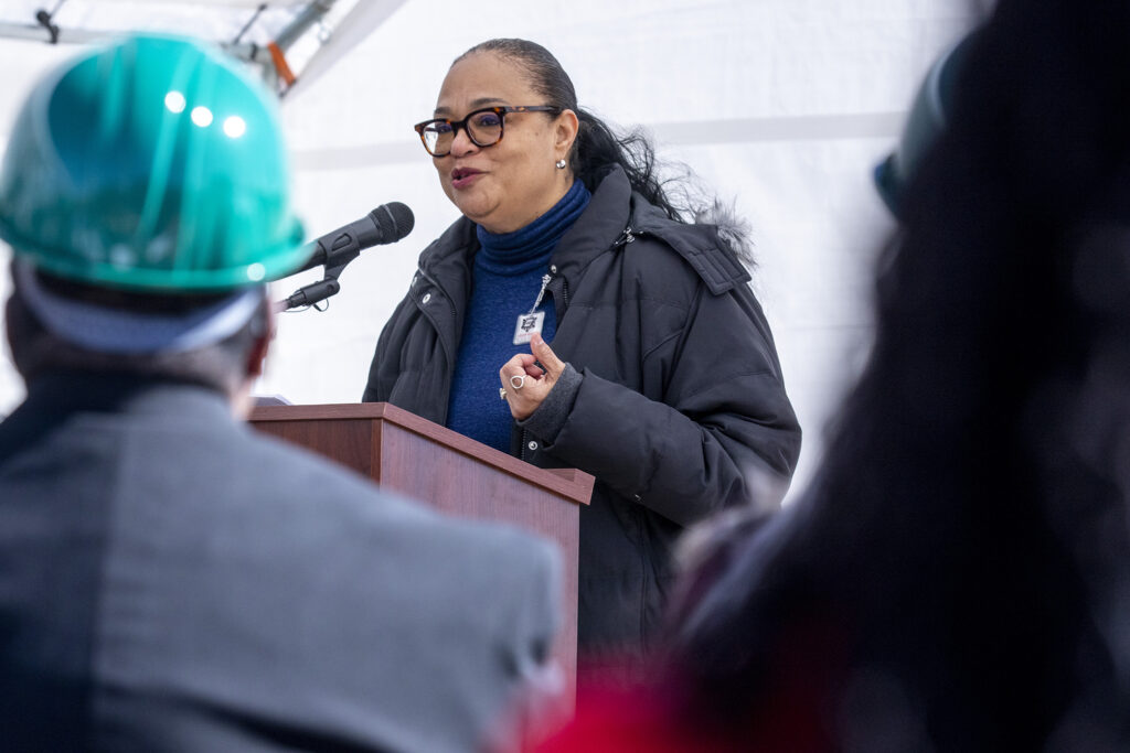 Angelle Fouther speaks during a groundbreaking for the FreshLo grocery and community project in Montbello. March 2, 2023.  Kevin J. Beaty/Denverite