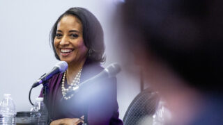 Lisa Calderón speaks during Denverite's People's Forum mayoral debate at the Carla Madison Rec Center. March 7, 2023.