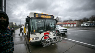 An RTD bus stops at the intersection of 14th Avenue and Federal Boulevard on the edge of Sun Valley. April 25, 2023.