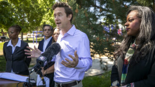 Mayor-elect Mike Johnston introduces his transition team at Berkeley's Cesar Chavez Park. June 9, 2023.