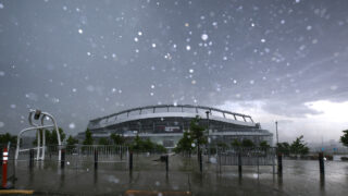 A rainy day over Mile High Stadium. June 29, 2023.