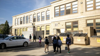 Students stream into Morey Middle School on the second day of classes. Aug. 22, 2023.