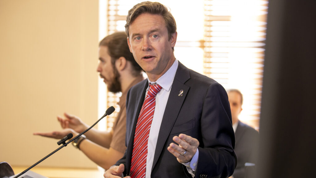 Mayor Mike Johnston speaks about his plan to address homelessness – and how to pay for it – at a press conference in the City and County Building. Sept. 12, 2023