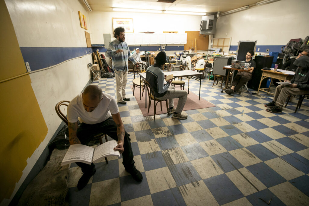 A rehearsal for "Cuauhtémoczin," by Diego Florez-Arroyo, in Florez-Arroyo's Westwood garage. Sept. 20, 2023.