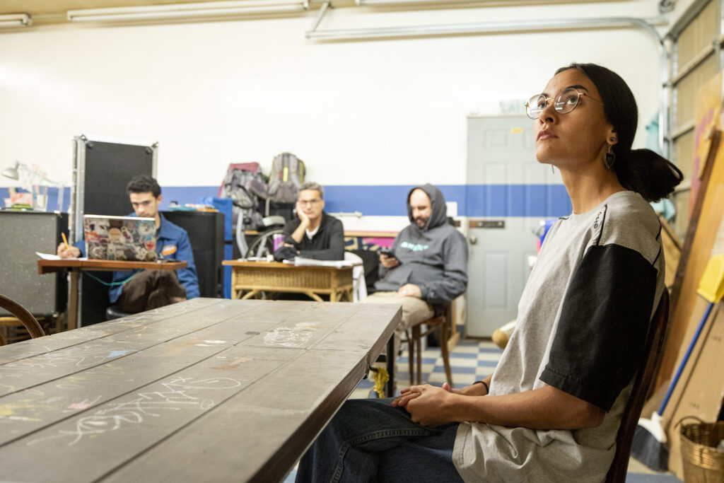 Actress Hannah Lucero rehearses a scene from "Cuauhtémoczin," a play by Diego Florez-Arroyo, in Florez-Arroyo's Westwood garage. Sept. 20, 2023.