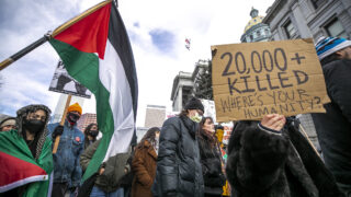 Protesters call for a ceasefire in Gaza as Gov. Jared Polis gives his annual State of the State address inside the Colorado State Capitol. Jan. 11, 2024.