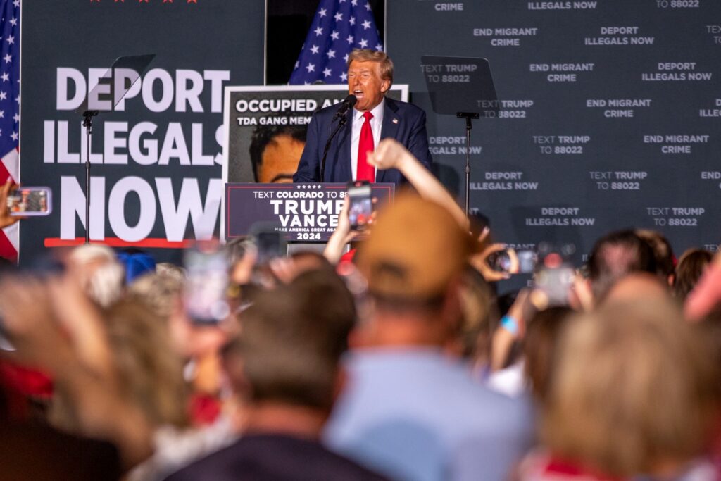 Former President Donald Trump speaks during a campaign rally in Aurora.
