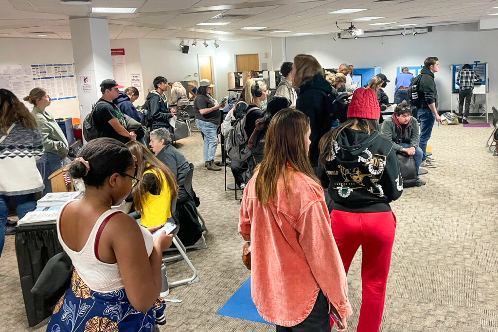 Voters pack the Roger Braun Multicultural Event Lounge on Denver’s Aurora Campus