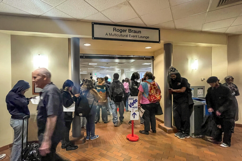 Voters pack the Roger Braun Multicultural Event Lounge on Denver’s Aurora Campus