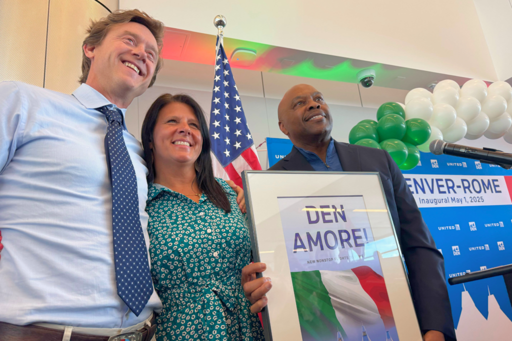 Denver Mayor Mike Johnston, United executive Jonna McGrath, and DEN CEO Phil Washington