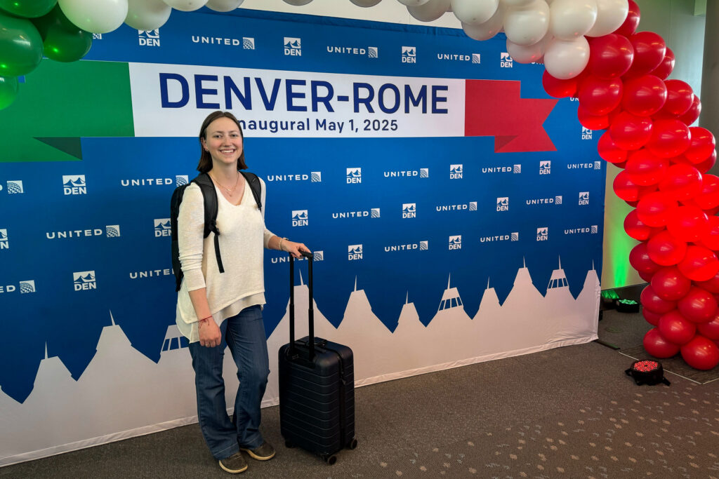 Ellie Muncy, of Breckenridge, about to board United’s first flight from Denver to Rome